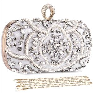 Boutique Silver Crystal/Pearl Beaded Clutch